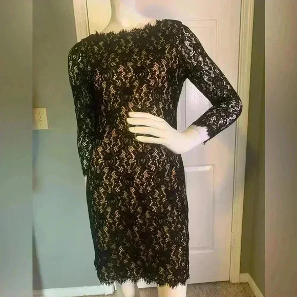 Eliza J Dress Womens 4 Black Lace Overlay Knee Length Event Party Sheath #304 - Picture 1 of 12